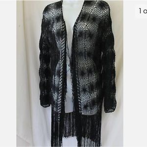 Chico’s Boho style Black Open Net Lacy Fringed Cardigan Jacket